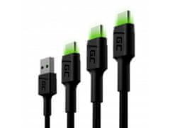 Green Cell KABGCSET01 3 gyors töltőkábel készlet Ray USB-C 30/120 / 200cm zöld színű LED