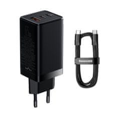 BASEUS GaN3 hálózati töltő adapter 2x USB-C / USB 65W PD QC + kábel USB-C / USB-C 1m, fekete