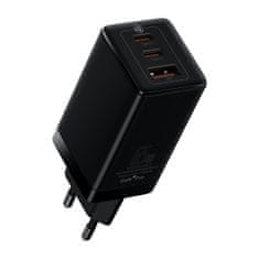 BASEUS GaN3 hálózati töltő adapter 2x USB-C / USB 65W PD QC + kábel USB-C / USB-C 1m, fekete