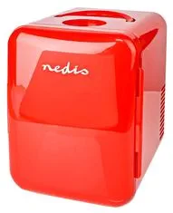 Nedis hordozható mini hűtőszekrény/ térfogat 4 liter/ hűtési tartomány 8 - 18 °C/ AC 100 - 240 V / 12 V/ fogyasztás 50 W/ piros színű
