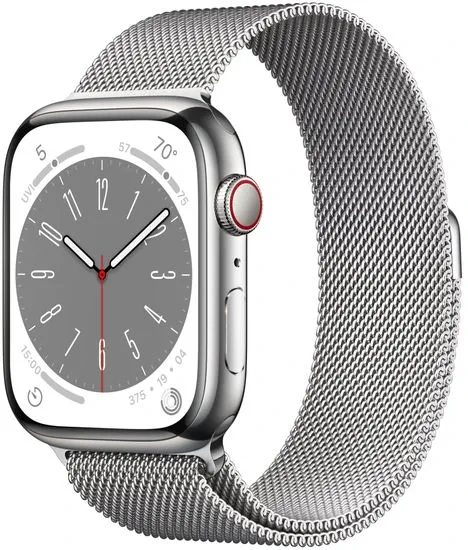 Apple Watch Series 8 Cellular, 45mm Silver Stainless Steel Case with Silver Milanese Loop MNKJ3CS/A