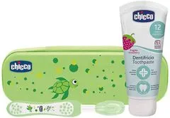 Chicco fogkefe készlet tokkal + fogkrém Mindig mosolygó zöld 12m+