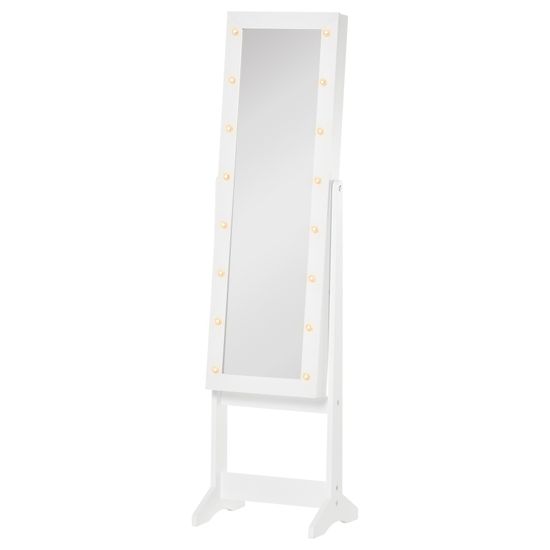 HOMCOM Ékszer szekrény állítható tükörrel és LED lámpákkal, 36x30x136 cm, fehér