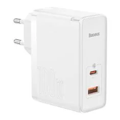 BASEUS GaN5 Pro hálózati töltő adapter USB / USB-C 100W QC PD, fehér