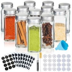 Deco Haus 12 darabos fűszertartó üvegkészlet csavaros kupakkal - Fűszerkészlet címkékkel, tölcsérrel, tisztítókefével, filccel - a 2 fűszeres fali állványunkhoz - üres, átlátszó üvegtároló és adagoló 120ml