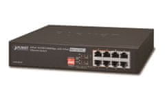 Planet GSD-804Pv2 PoE switch 8x1000B-T, 4x PoE IEEE 802.3at 60W-ig, extend mód 10Mb, ventilátor nélkül
