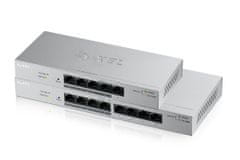 Zyxel GS1200-8HP, 8 portos asztali Gigabit Web Smart switch: 8x Gigabit fém, 4x PoE (802.3at, 30W), PoE Power költségvetés 60W