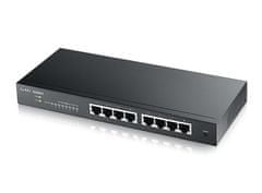 Zyxel GS1900-8, 8 portos asztali Gigabit Web Smart switch: 8x Gigabit fém, IPv6, 802.3az (zöld), Egyszerű beállítási varázsló, fa