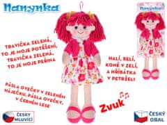 Nanynka baba piros 50 cm-es puha testű, elemes cseh nyelvű, beszélő és énekes baba