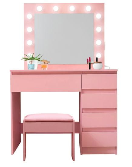 Aga Fésülködőasztal tükörrel, világítással és el.konnektorral + zsámoly Rózsaszín