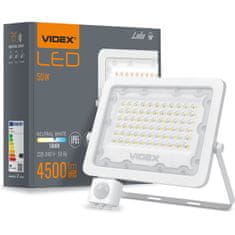 VIDEX LED reflektor PIR 50W 4500lm 5000K IP65 fehér mozgás- és szürkületérzékelővel