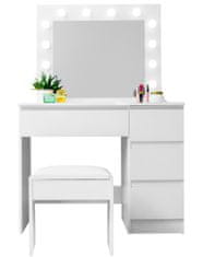 Aga Fényes fehér fésülködőasztal tükörrel és világítással + zsámoly