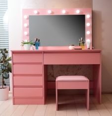 Aga Fésülködőasztal tükörrel és világítással + rózsaszín puff