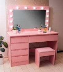 Aga Fésülködőasztal tükörrel és világítással + rózsaszín puff