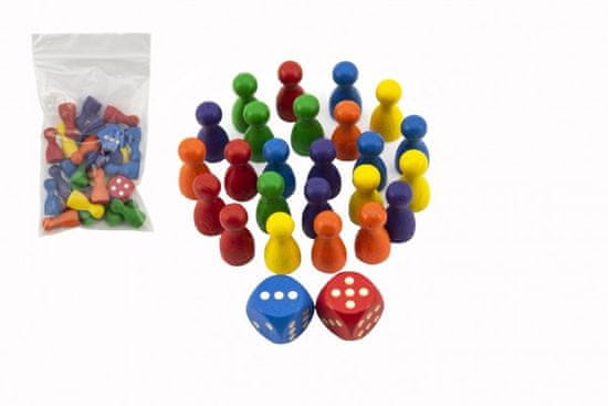 DETOA Fa figurák 25mm 24db 6 színű + 2 kocka társasjáték zsákban 7x13cm
