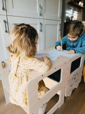 Secutek Gyermek tanulótorony 3 az 1-ben asztallá és székké összecsukható rajztáblával - Cica, natúr kivitelben