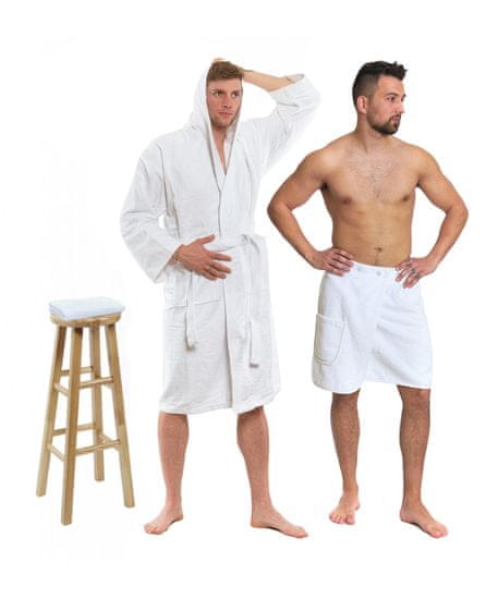 Interkontakt Fehér szett: fürdőköpeny kapucnival + férfi szauna kilt + törölköző