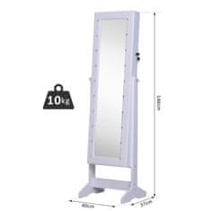 HOMCOM Ékszer szekrény állítható tükörrel és 20 LED lámpával, 40x37x146 cm, fehér