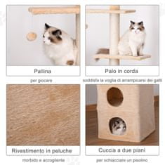 PAWHUT Játszótér macskáknak, MDF / Plüss fa, 210-240 cm, bézs