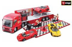 BBurago Autó utánfutóval és tartozékokkal Ferrari Race & Play műanyag dobozban 1:43