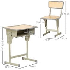 HOMCOM Íróasztal székkel, PP/MDF/Acél, 6-12 év, Állítható magasságú, 40 x 36 x 70-78 cm, Világosbarna