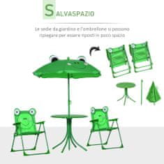 OUTSUNNY kerti bútorkészlet gyerekeknek, 3 db, asztal, 2 összecsukható szék, esernyő, zöld