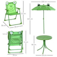 OUTSUNNY kerti bútorkészlet gyerekeknek, 3 db, asztal, 2 összecsukható szék, esernyő, zöld