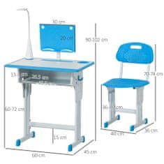 HOMCOM Íróasztal, PP/MDF/acél, 6-12 év, állítható magasságú, LED lámpa, kék/fehér