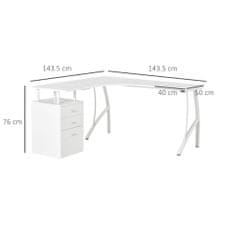 HOMCOM Computer Desk, 3 fiók, MDF / fém, 143,5x143,5x76 cm, fehér