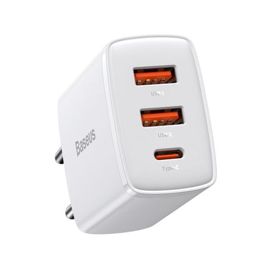 BASEUS Compact hálózati töltő adapter USB-C / 2x USB 30W 3A PD QC, fehér