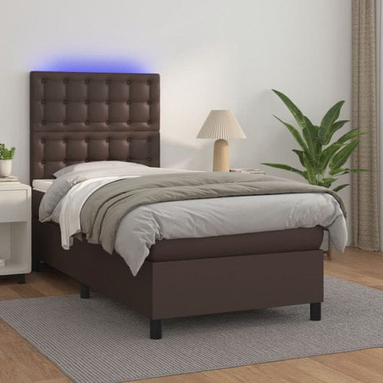 shumee barna műbőr rugós ágy matraccal és LED-del 90x200 cm