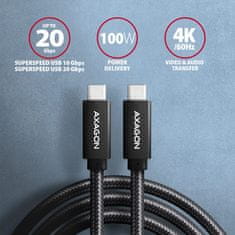 AXAGON BUCM32-CM10AB, SPEED+ kábel USB-C <-> USB-C, 1m, USB 3.2 Gen 2, PD 100W 5A, 4k HD, ALU, fonott, fekete