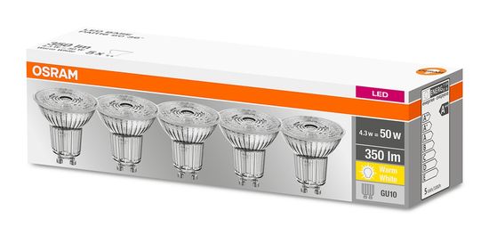 Osram 5x LED izzó GU10 4,3W = 50W 350lm 2700K Meleg fehér 36°