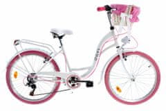 Davi  Amelia Gyerek kerékpár, 6 fokozat, 24″ kerék, 130-165 cm magassag, Fehér/Rózsaszín