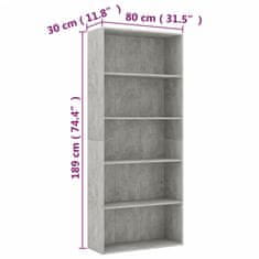 shumee 5 szintes betonszürke forgácslap könyvszekrény 80 x 30 x 189 cm