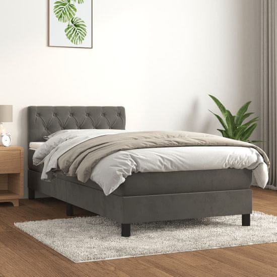 Greatstore sötétszürke bársony rugós ágy matraccal 80 x 200 cm