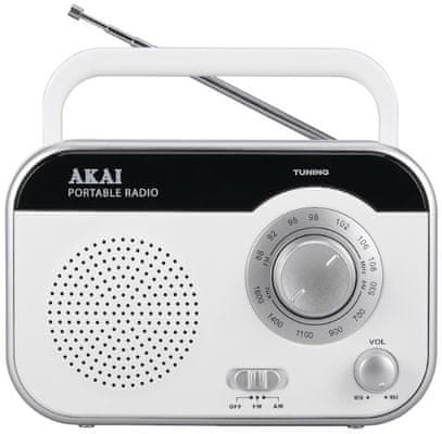 Akai PR003A-410 fehér modern hordozható fm rádió fejhallgató kimenet nagyszerű hang