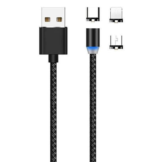 MG 3in1 mágneses USB kábel + plug adapter Micro USB / USB-C / Lightning 1m, fekete