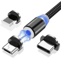 MG 3in1 mágneses USB kábel + plug adapter Micro USB / USB-C / Lightning 1m, fekete