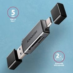 AXAGON CRE-DAC, USB-C + USB-A, 5 Gbps - MINI kártyaolvasó, 2 slot & lun SD/microSD, UHS-I támogatással