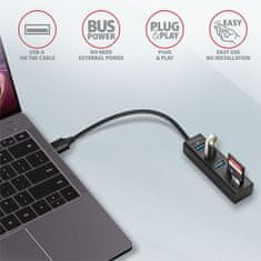 AXAGON HMA-CR3A, USB 3.2 Gen 1 hub, 3x USB-A port + SD/microSD kártyaolvasó, fém, USB-A kábel 20cm