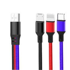 TKG XO NB143 - 3in1 kábel - (USB - Lightning / Type-C / MicroUSB) színes szövet kábel 3,5A, 1,2 m